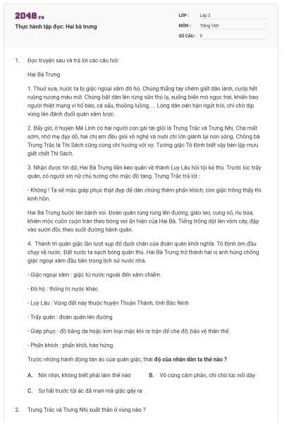Thực hành tập đọc: Hai bà trưng