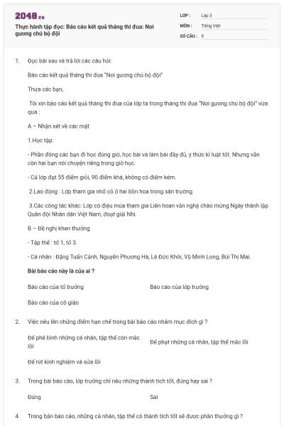 Thực hành tập đọc: Báo cáo kết quả tháng thi đua: Noi gương chú bộ đội