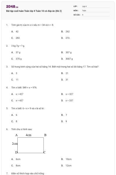 Bài tập cuối tuần Toán lớp 4 Tuần 10 có đáp án (Đề 2)