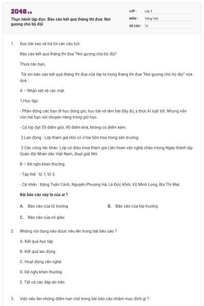 Thực hành tập đọc: Báo cáo kết quả tháng thi đua: Noi gương chú bộ đội