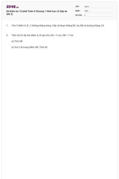 Đề kiểm tra 15 phút Toán 6 Chương 1 Hình học có đáp án (Đề 2)