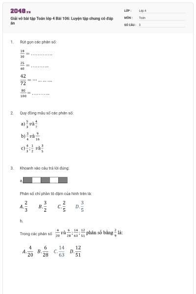 Giải vở bài tập Toán lớp 4  Bài 106: Luyện tập chung có đáp án