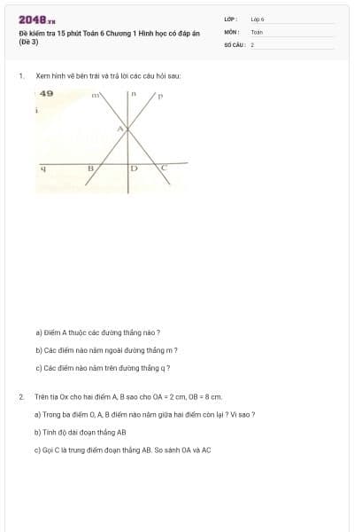 Đề kiểm tra 15 phút Toán 6 Chương 1 Hình học có đáp án (Đề 3)