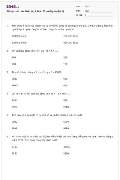 Bài tập cuối tuần Toán lớp 4 Tuần 12 có đáp án (Đề 1)