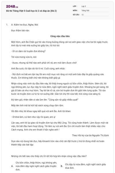 Đề thi Tiếng Việt 5 Cuối học kì 2 có đáp án (Đề 2)