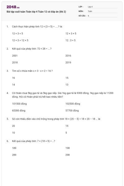 Bài tập cuối tuần Toán lớp 4 Tuần 12 có đáp án (Đề 2)