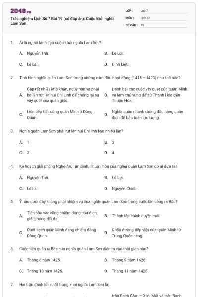 Trắc nghiệm Lịch Sử 7 Bài 19 (có đáp án): Cuộc khởi nghĩa Lam Sơn