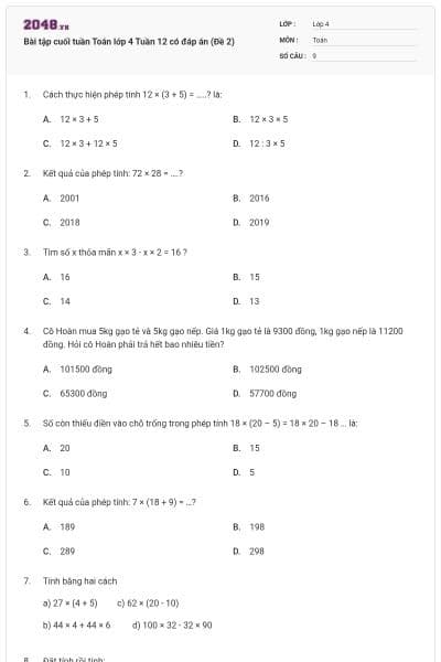 Bài tập cuối tuần Toán lớp 4 Tuần 12 có đáp án (Đề 2)