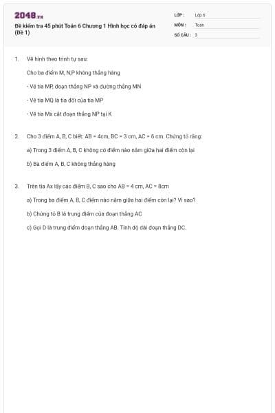 Đề kiểm tra 45 phút Toán 6 Chương 1 Hình học có đáp án (Đề 1)
