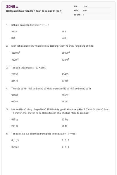 Bài tập cuối tuần Toán lớp 4 Tuần 13 có đáp án (Đề 1)