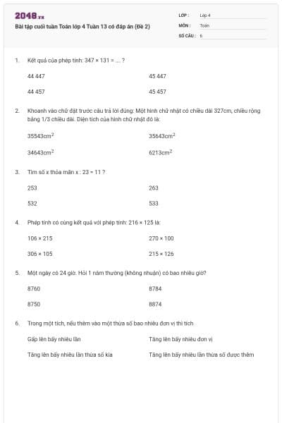 Bài tập cuối tuần Toán lớp 4 Tuần 13 có đáp án (Đề 2)