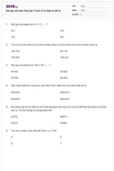 Bài tập cuối tuần Toán lớp 4 Tuần 13 có đáp án (Đề 3)