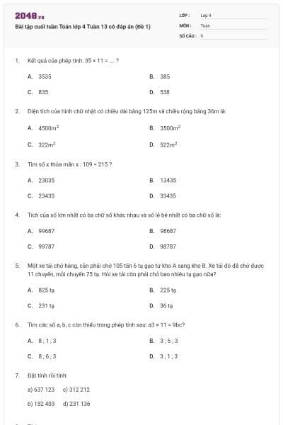 Bài tập cuối tuần Toán lớp 4 Tuần 13 có đáp án (Đề 1)