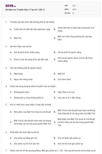 Đề kiểm tra 15 phút Vật Lí 7 học kì 1 (Đề 1)