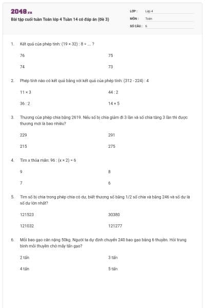 Bài tập cuối tuần Toán lớp 4 Tuần 14 có đáp án (Đề 3)
