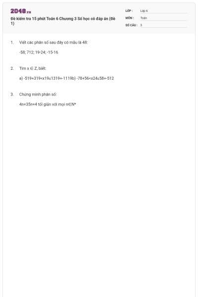 Đề kiểm tra 15 phút Toán 6 Chương 3 Số học có đáp án (Đề 1)