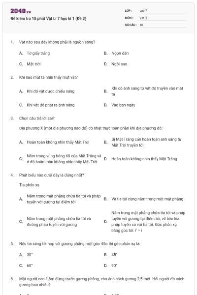 Đề kiểm tra 15 phút Vật Lí 7 học kì 1 (Đề 2)
