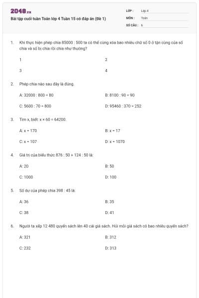 Bài tập cuối tuần Toán lớp 4 Tuần 15 có đáp án (Đề 1)