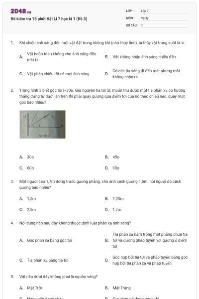 Đề kiểm tra 15 phút Vật Lí 7 học kì 1 (Đề 3)