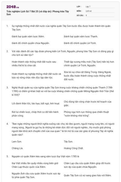 Trắc nghiệm Lịch Sử 7 Bài 25 (có đáp án): Phong trào Tây Sơn