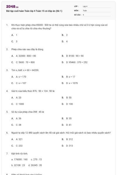 Bài tập cuối tuần Toán lớp 4 Tuần 15 có đáp án (Đề 1)