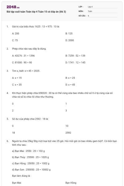 Bài tập cuối tuần Toán lớp 4 Tuần 15 có đáp án (Đề 3)