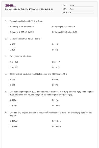 Bài tập cuối tuần Toán lớp 4 Tuần 16 có đáp án (Đề 1)