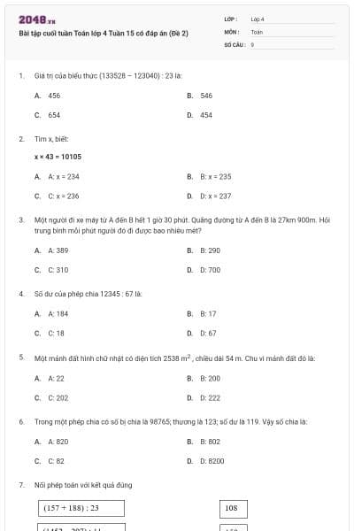 Bài tập cuối tuần Toán lớp 4 Tuần 15 có đáp án (Đề 2)