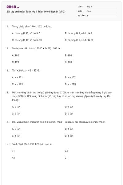Bài tập cuối tuần Toán lớp 4 Tuần 16 có đáp án (Đề 2)
