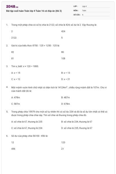 Bài tập cuối tuần Toán lớp 4 Tuần 16 có đáp án (Đề 3)