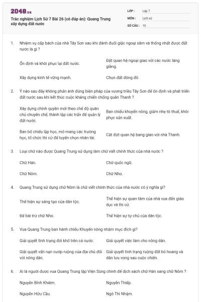 Trắc nghiệm Lịch Sử 7 Bài 26 (có đáp án): Quang Trung xây dựng đất nước