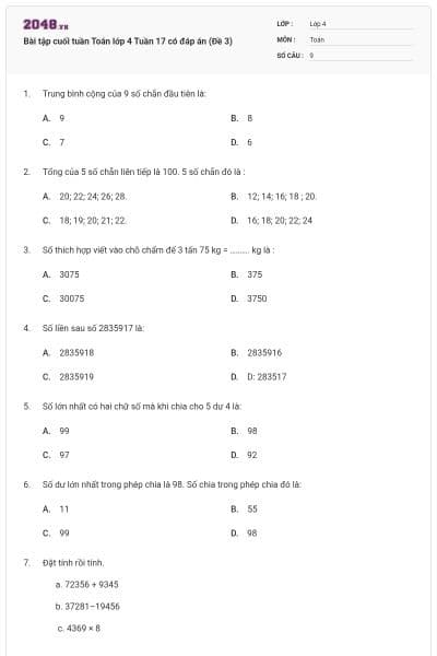 Bài tập cuối tuần Toán lớp 4 Tuần 17 có đáp án (Đề 3)