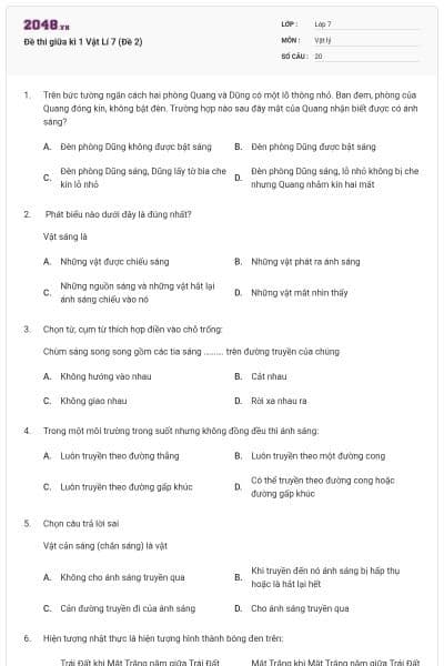 Đề thi giữa kì 1 Vật Lí 7 (Đề 2)