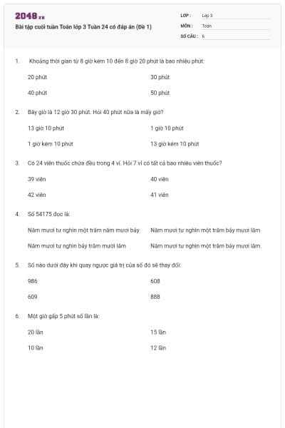 Bài tập cuối tuần Toán lớp 3 Tuần 24 có đáp án (Đề 1)