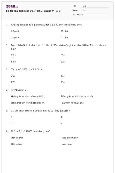 Bài tập cuối tuần Toán lớp 3 Tuần 24 có đáp án (Đề 2)