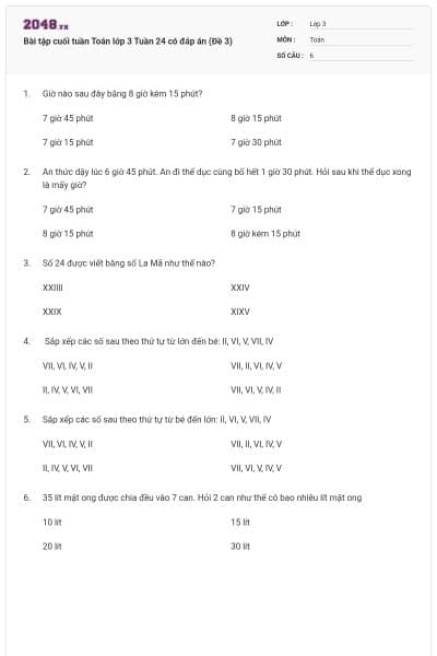 Bài tập cuối tuần Toán lớp 3 Tuần 24 có đáp án (Đề 3)