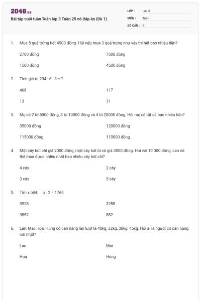 Bài tập cuối tuần Toán lớp 3 Tuần 25 có đáp án (Đề 1)