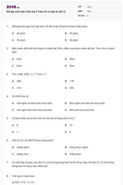 Bài tập cuối tuần Toán lớp 3 Tuần 24 có đáp án (Đề 2)
