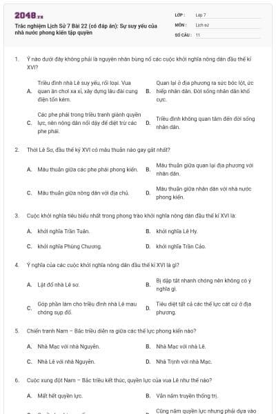 Trắc nghiệm Lịch Sử 7 Bài 22 (có đáp án): Sự suy yếu của nhà nước phong kiến tập quyền