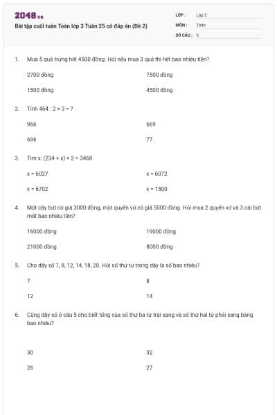 Bài tập cuối tuần Toán lớp 3 Tuần 25 có đáp án (Đề 2)