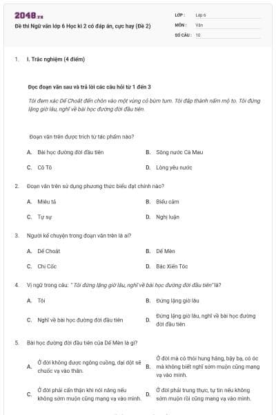 Đề thi Ngữ văn lớp 6 Học kì 2 có đáp án, cực hay (Đề 2)