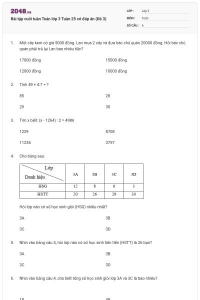 Bài tập cuối tuần Toán lớp 3 Tuần 25 có đáp án (Đề 3)
