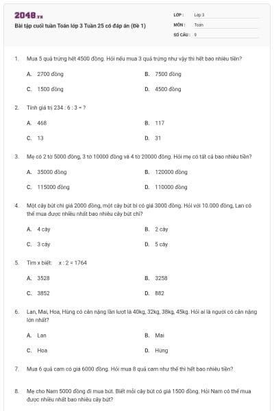 Bài tập cuối tuần Toán lớp 3 Tuần 25 có đáp án (Đề 1)