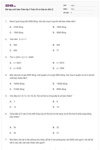 Bài tập cuối tuần Toán lớp 3 Tuần 25 có đáp án (Đề 2)
