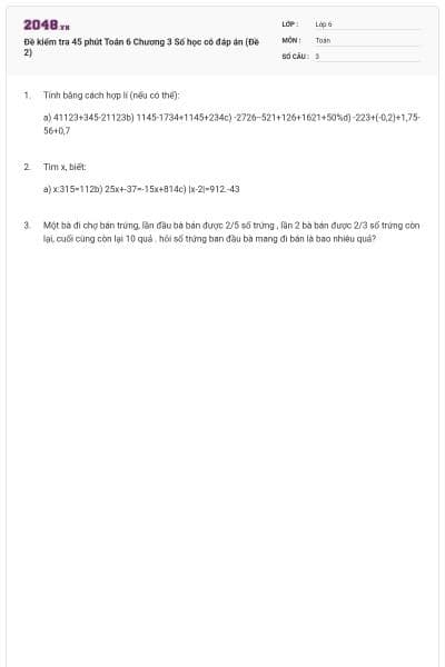 Đề kiểm tra 45 phút Toán 6 Chương 3 Số học có đáp án (Đề 2)