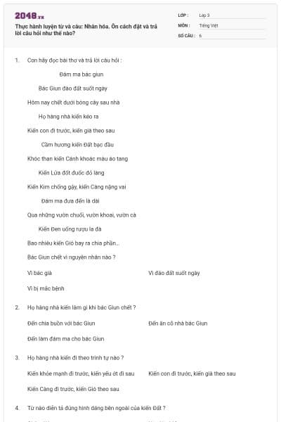 Thực hành luyện từ và câu: Nhân hóa. Ôn cách đặt và trả lời câu hỏi như thế nào?