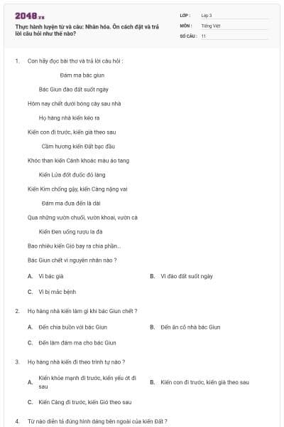 Thực hành luyện từ và câu: Nhân hóa. Ôn cách đặt và trả lời câu hỏi như thế nào?