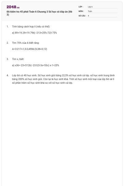Đề kiểm tra 45 phút Toán 6 Chương 3 Số học có đáp án (Đề 3)