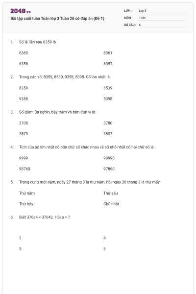 Bài tập cuối tuần Toán lớp 3 Tuần 26 có đáp án (Đề 1)