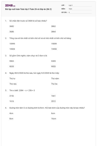 Bài tập cuối tuần Toán lớp 3 Tuần 26 có đáp án (Đề 2)